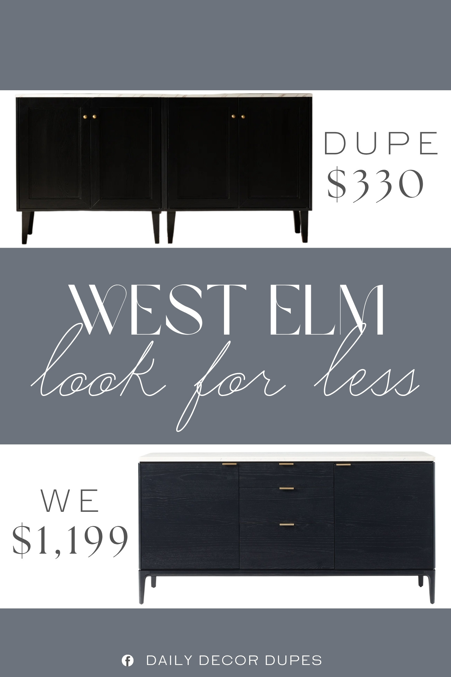 The West Elm Parker Marble Buffet pairs a bold black finish with clean lines and generous cabinet storage, creating a sleek statement piece for dining rooms, living spaces, or entryways. The sophisticated silhouette makes it easy to style with brass accents, warm wood tones, artwork, and neutral decor for a modern yet inviting look. At around $330, compared with the $1,199 designer version shown, this look brings elevated storage and timeless style to the home at a more approachable price. 🖤✨🏡

Home more affordable option find similar look for less budget friendly affordable cheap cheaper beautiful pretty. Clearance sale coupon code discount code promo code luxury Inspo inspiration inspired by idea ideas Love like these? I share multiple every day in my FB group.
#WestElmInspired #ParkerBuffet #BlackBuffet #MarbleBuffet #Sideboard #BuffetCabinet #DiningRoomFurniture #ModernHomeDecor #LivingRoomStorage 

 #LTKHome