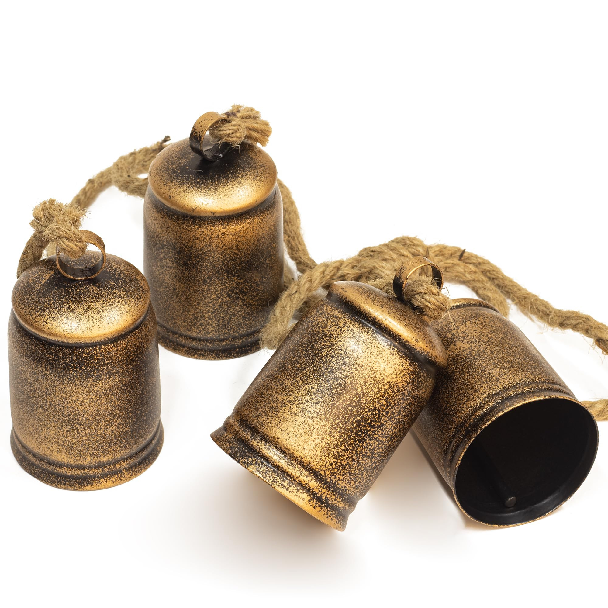 KI Store Cylinder Christmas Bell Cluster 4pcs Hanging Metal Cow Bells on Jute Rope for Wreath Garland Christmas Fireplace Mantel Porch Towel Ladder Wall Decor 28-Inch | Amazon (US)