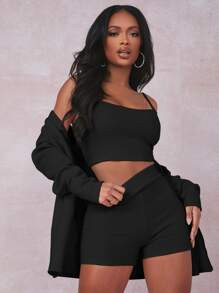 SHEIN SXY Rib-knit Crop Cami Top With Coat & Shorts Set
   SKU: swtwop07210607907      
         ... | SHEIN