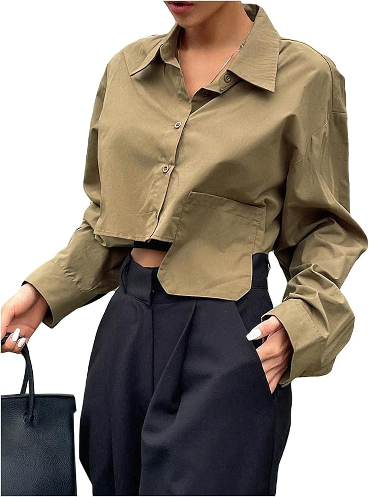 Floerns Women's Loose Button Down Long Sleeve Shirt Collar Drop Shoulder Crop Blouses | Amazon (US)