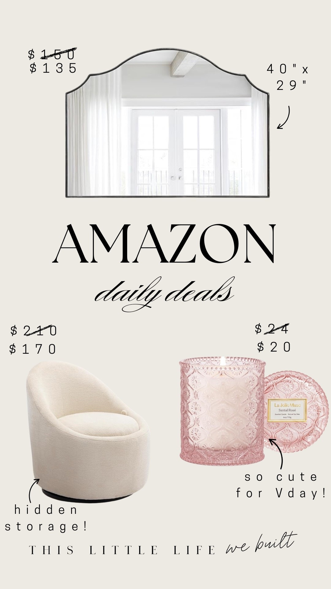 Amazon daily deals! 


Mirror, candle, accent chair, Amazon home, affordable home, home decor, Valentine’s Day, spring finds 

#LTKU #LTKHome #LTKSaleAlert