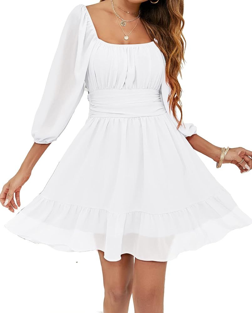 Flybony Women's Lantern Sleeve Tie Back Dresses Square Neck Dress Off Shoulder A-Line Summer Mini... | Amazon (US)