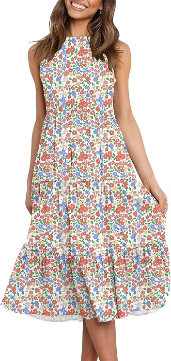 LOGENE Womens Sleeveless Crew Neck Smocked Elastic Waist Tiered Midi Dress Summer Sun Dresses wit... | Amazon (US)