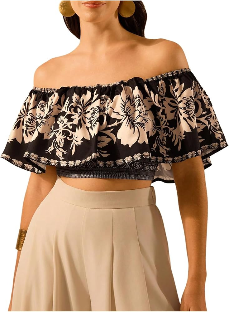 SweatyRocks Women's Boho Off The Shoulder Crop Tops Ruffle Floral Summer Blouses | Amazon (US)