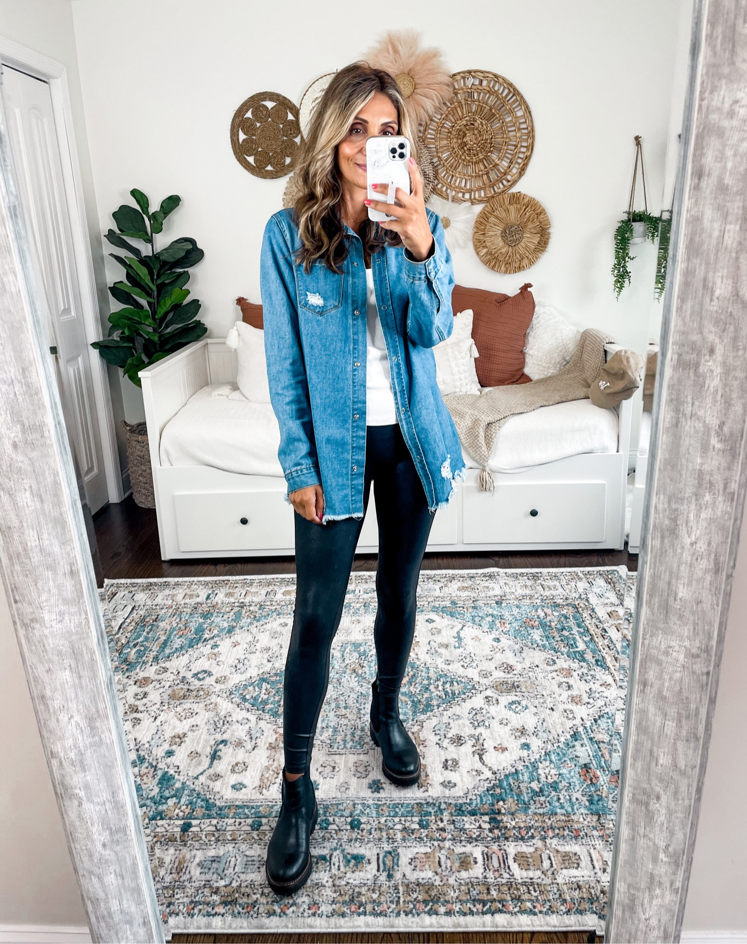 denim shirt dress with leggings and boots getschooledinfashion on LTK
