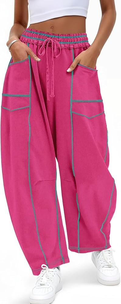 Aoysky Womens Baggy Wide Leg Pants Barrel Casual Drawstring Elastic Waist Contrast Stitch Workout... | Amazon (US)