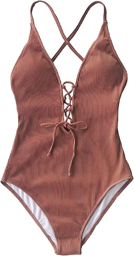 CUPSHE Women's Solid Color V Neck Lace Up One Piece Swimsuit | Amazon (US)