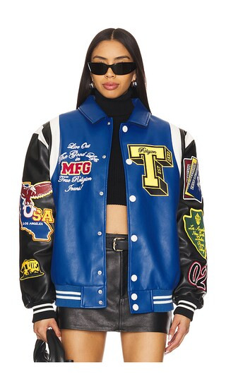 Color Block Puffer Bomber Jacket in Blue & Black | Revolve Clothing (Global)