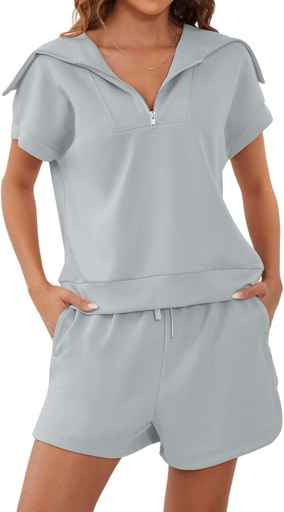 Meladyan Women Two Piece Outfits Tracksuit Half Zip Lapel Cap Sleeve Sweatshirt High Waist Drawst... | Amazon (US)