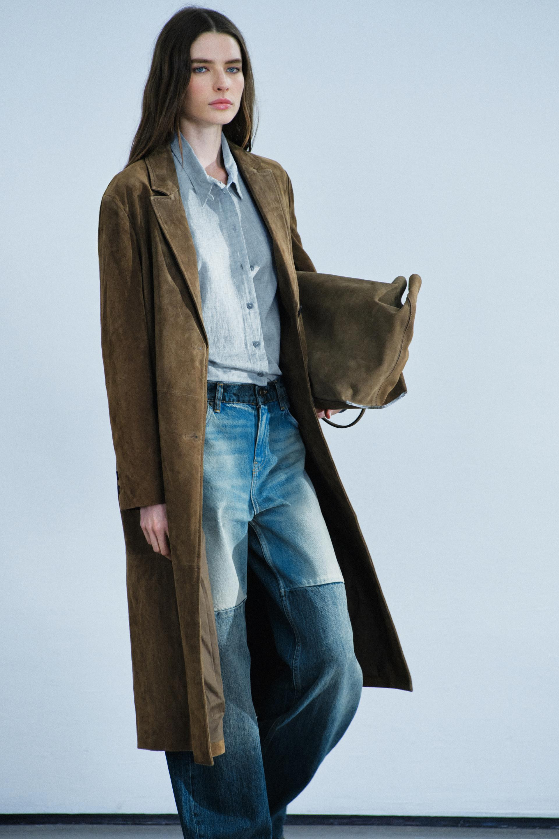 Zara - 100% Leather Long Coat Zw Collection - Olive Green - S - Woman | Zara US