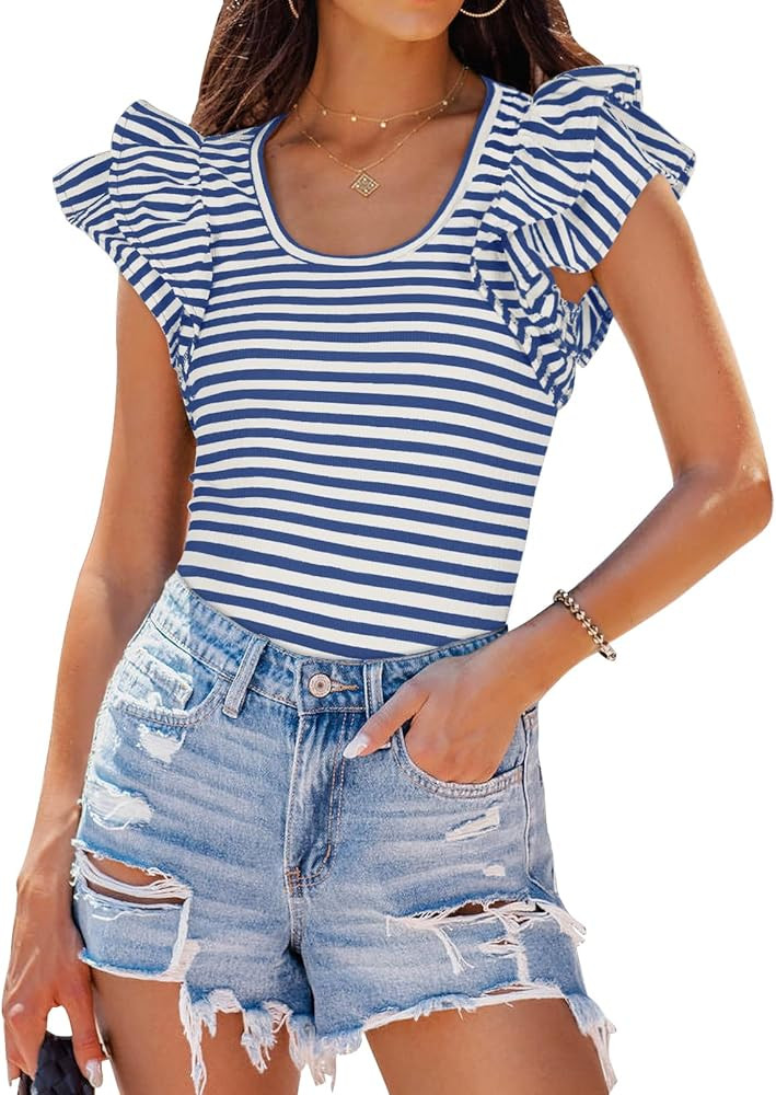 ZESICA Women's Ruffle Short Sleeve Striped T Shirts 2024 Summer Scoop Neck Slim Fitted Causal Bas... | Amazon (US)
