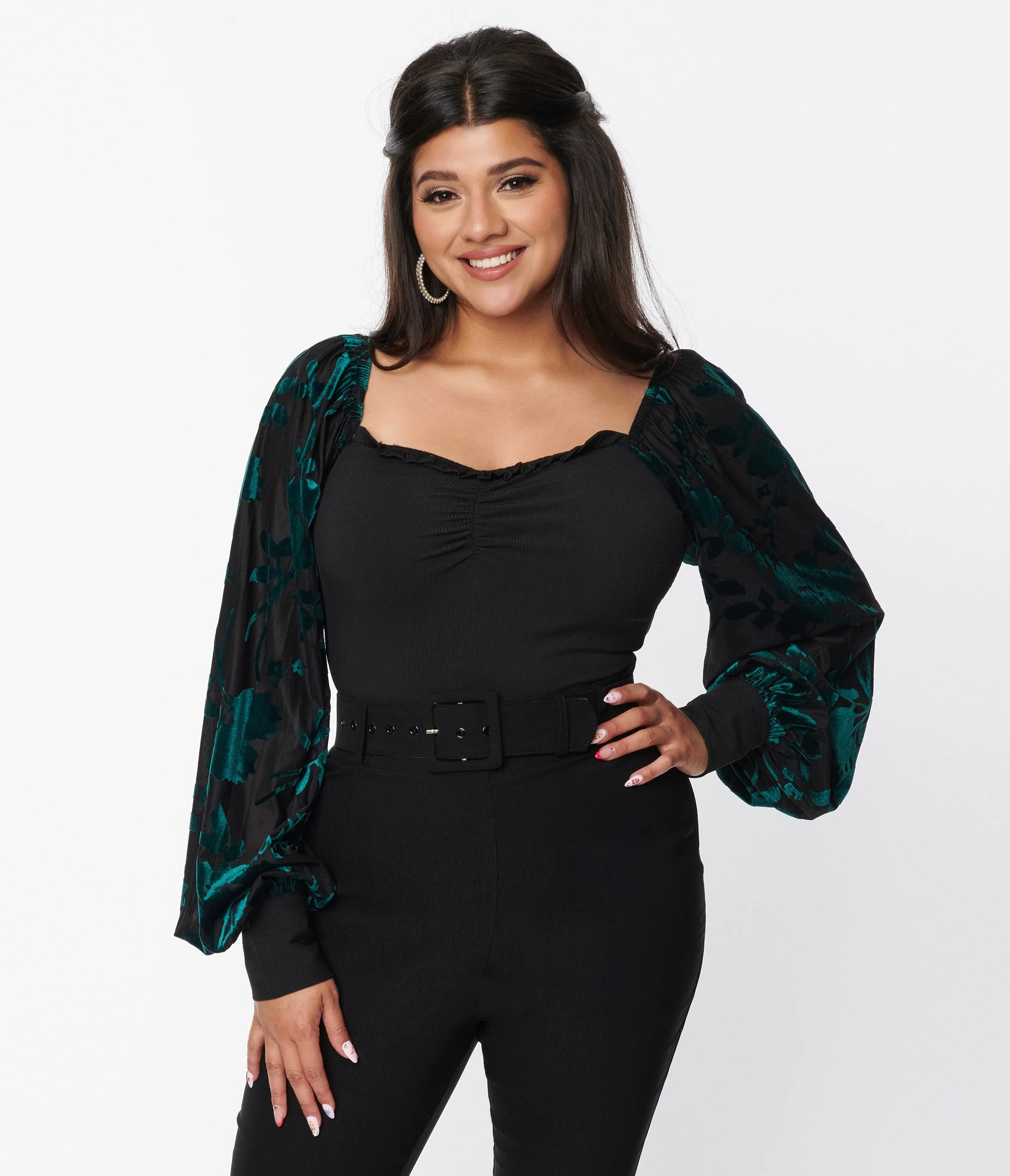 Unique Vintage Teal & Black Floral Velvet Burnout Bodysuit | UniqueVintage