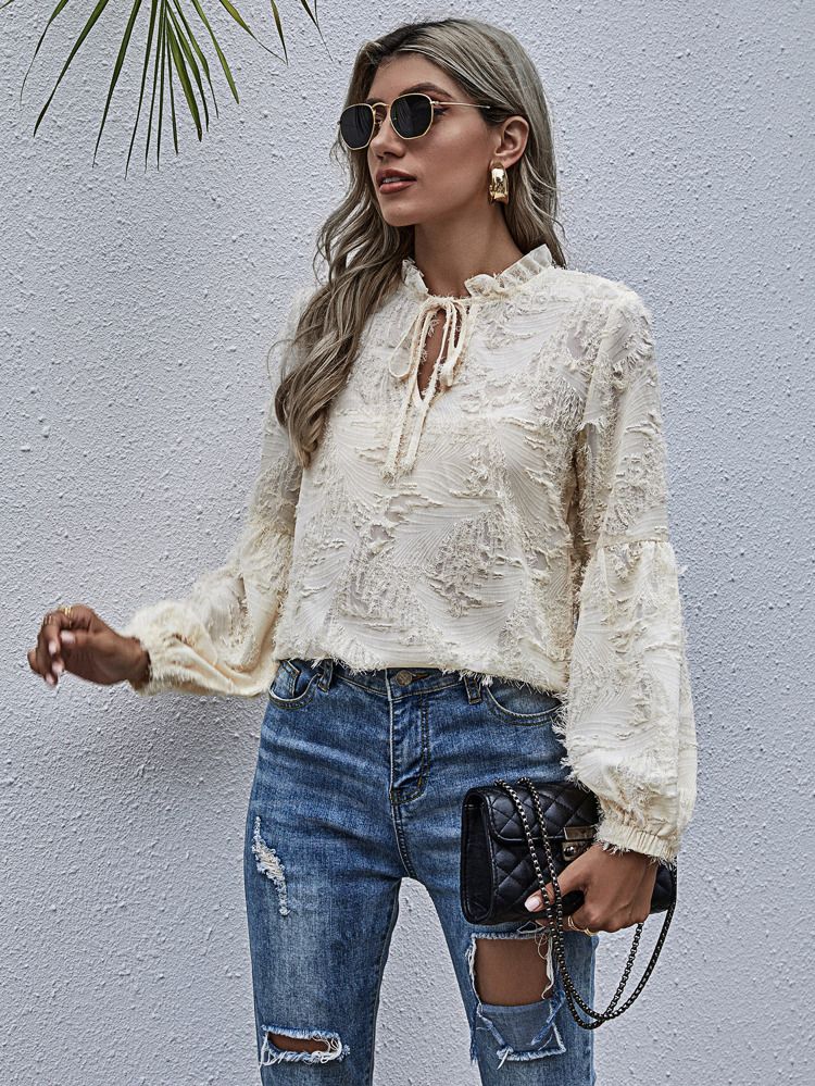 Tie Neck Frill Distressed Blouse | SHEIN