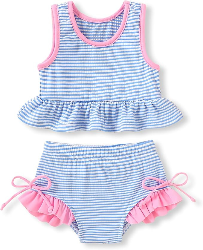 HAPPYMA Baby Swimsuit Toddler Girl Bathing Suit Summer Stripe Bikini Set Beach Two Piece Swim Wea... | Amazon (US)