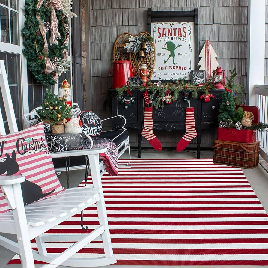 CAINANEL Christmas Outdoor mat 4' x 6' Red and White Striped Outdoor Rug Front Porch Rug,Christma... | Amazon (US)