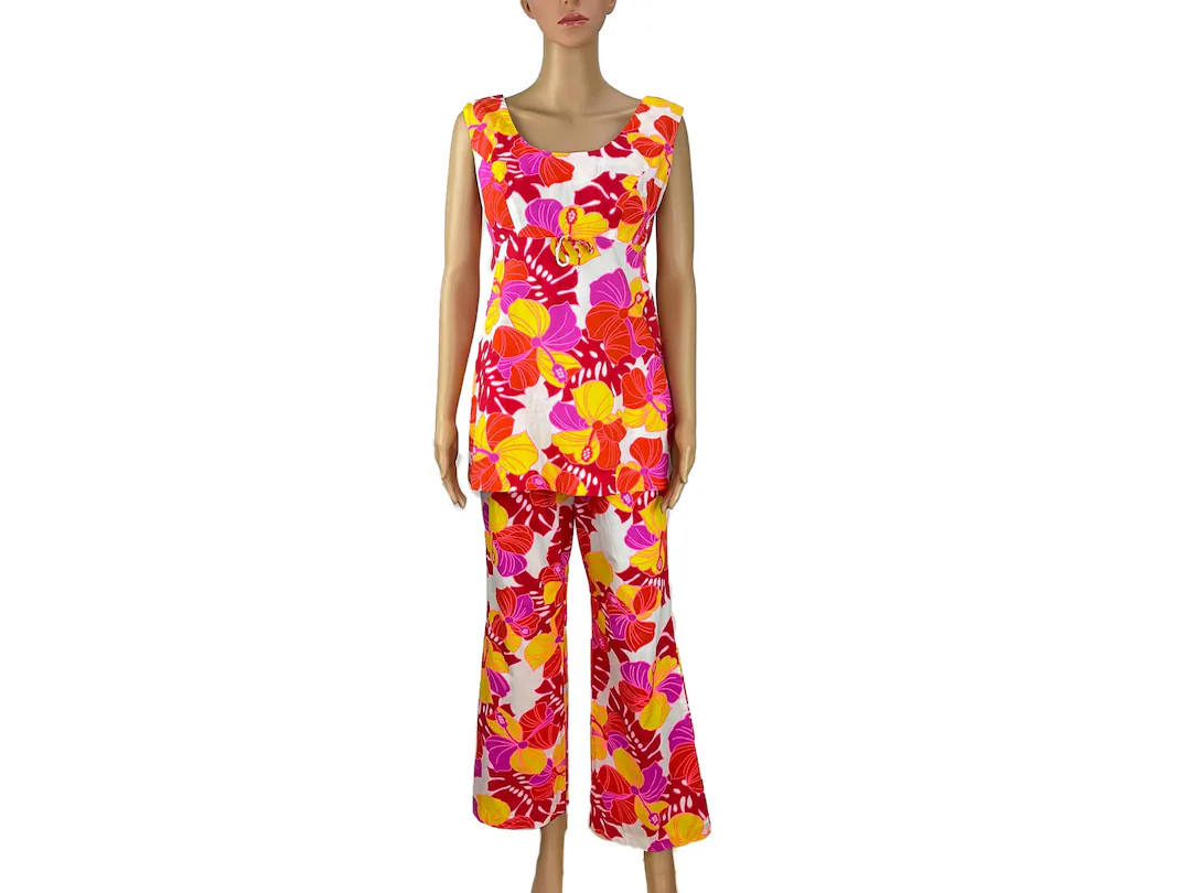 Pant Suit Sears Hawaiian Fashions Two Piece Set Vintage 1960s 1970s Cotton Bold Floral Sleeveless... | Etsy (US)