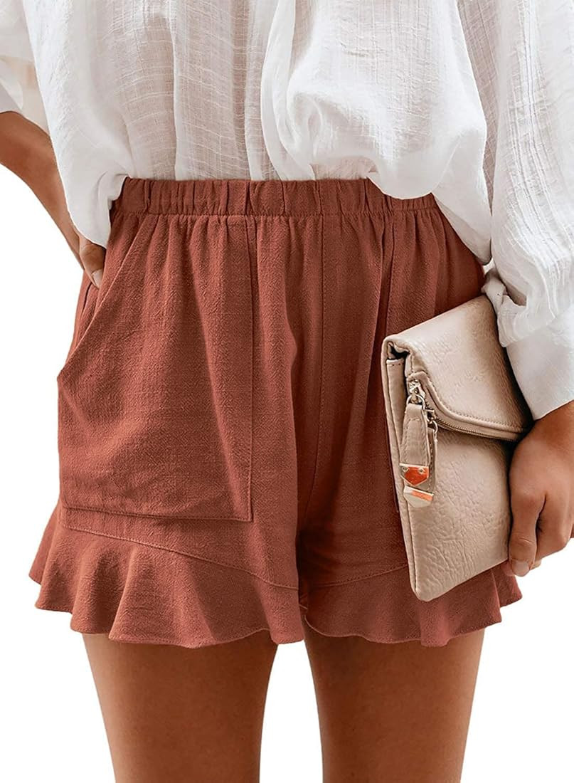 ANGGREK Womens Elastic Waist Casual Drawstring Shorts Summer Beach Shorts Comfy Ruffle Hem Short ... | Amazon (US)