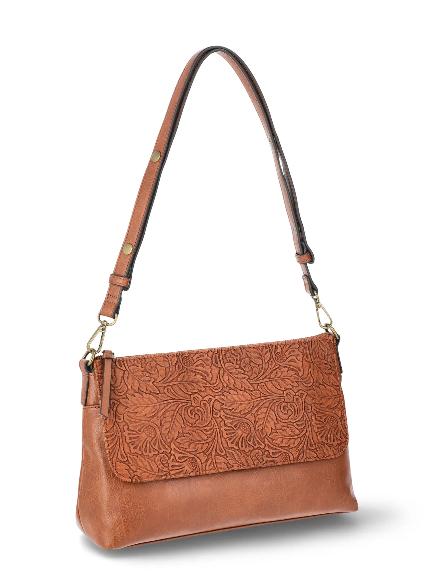 The Pioneer Woman Faux Leather Tooled Shoulder Handbag, Cognac, Women’s | Walmart (US)