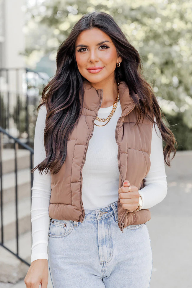 Sights To See Cocoa Cropped Puffer Vest | Pink Lily