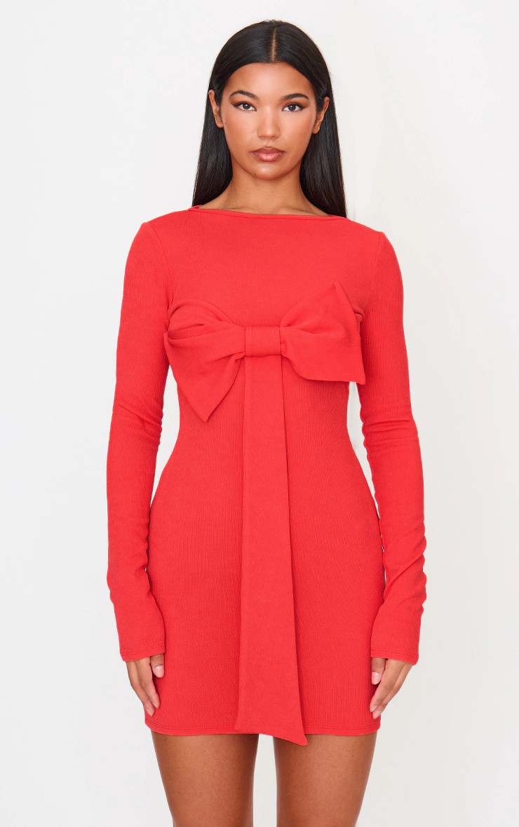 Red Long Sleeve Bow Detail Mini Dress | PrettyLittleThing UK