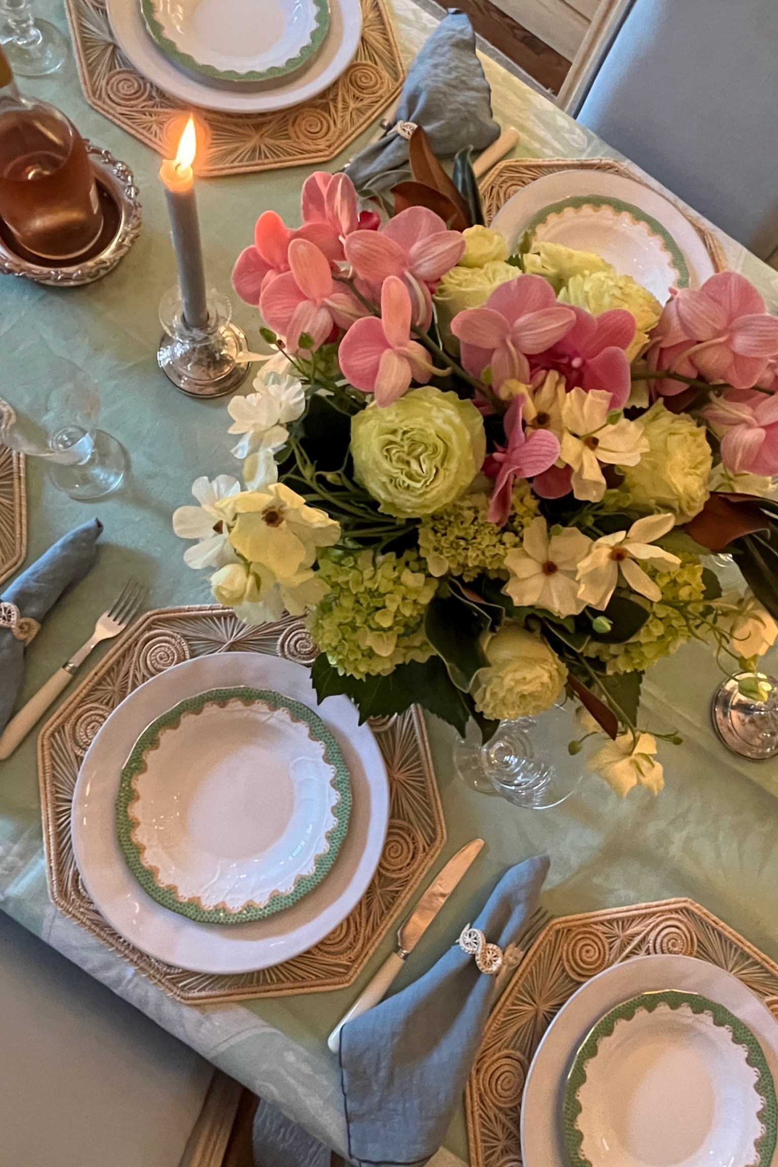 Beautiful flowers, rattan, Herend, and linens from France.  Candlesticks we’re my grandmother’s. Similar linked. 

#LTKHome #LTKFamily #LTKParties