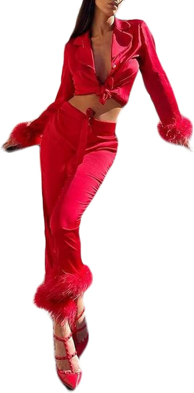 NUFIWI Women Pajamas Set Button Down Long Sleeve Sleepwear Feather Trim Nightwear Loungewear Pjs | Amazon (US)