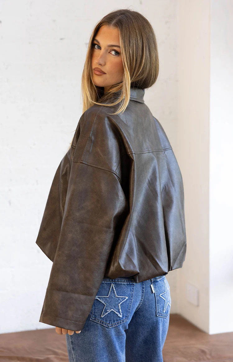 River Vintage Brown PU Bubble Hem Bomber Jacket | Beginning Boutique | Beginning Boutique (US)