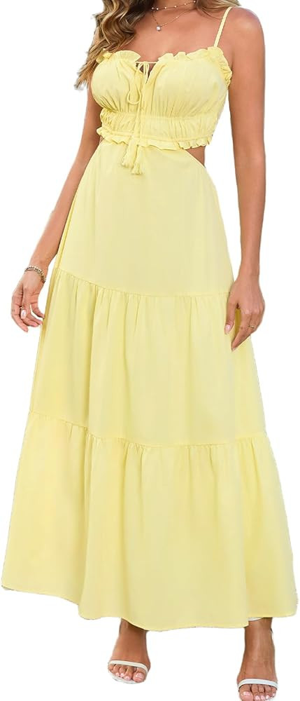 XinFSh Women's Summer Floral Beach Maxi Dress Flowy A Line Spaghetti Strap Cutout Backless Vacati... | Amazon (US)