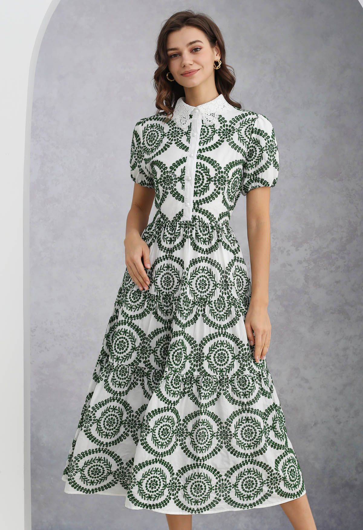 Crochet Collar Green Embroidered Eyelet Cotton Dress | Chicwish