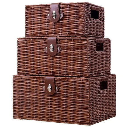 Woven Wicker Storage Basket Box with Lid & Lock, Built-in Carry Handles, Multifunctional Storage Organiser for Nursery | Walmart (US)