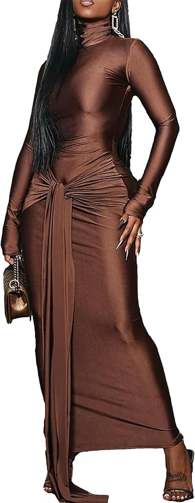 Vakkest Women's Long Sleeve Formal Maxi Dress Bodycon Elegant Ruched Tie Front Party Wedding Gues... | Amazon (US)