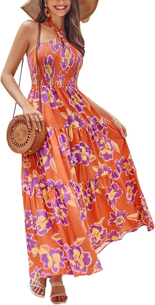 GRACE KARIN Women's Summer Dresses 2024 Halter Neck Sleeveless Smocked Backless Cut Out Floral Fl... | Amazon (US)