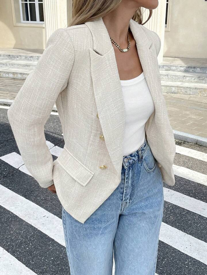 SHEIN Frenchy Women Casual Commute Solid Color Double-Breasted Blazer Jacket, Autumn | SHEIN