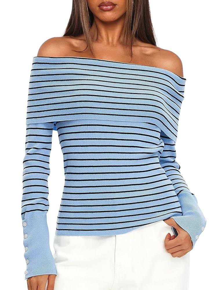 Daong Off The Shoulder Sweater for Women 2025 Fall Fashion Cute Going Out Y2k Tops Ribbed Pullove... | Amazon (US)