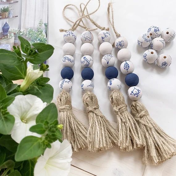 4 Chinoiserie door knob hangers, Hamptons style blue and white drawer pulls, Coastal beaded tasse... | Etsy (US)