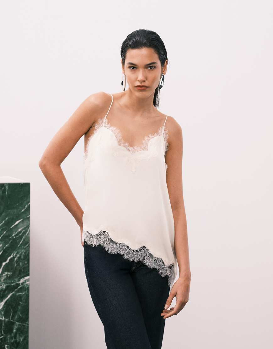 Mango asymmetric hem satin cami top with lace edge in cream-White | ASOS (Global)