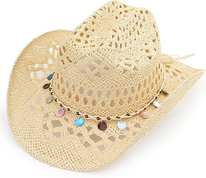 Melesh Straw Cowboy Hat, Western Cowgirl Hat, Wide Brim Sun Beach Hat for Men and Women (US, Alph... | Amazon (US)