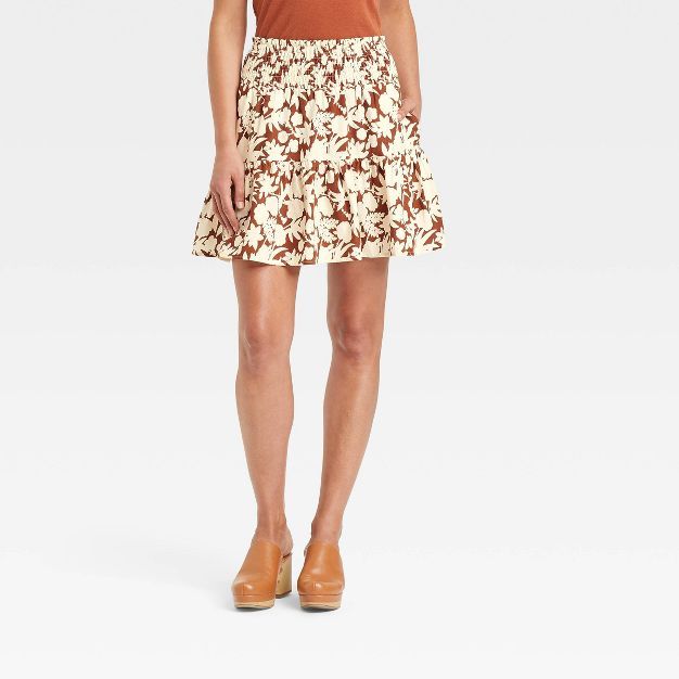Women&#39;s High-Rise Tiered Mini A-Line Skirt - Universal Thread&#8482; Brown Floral S | Target