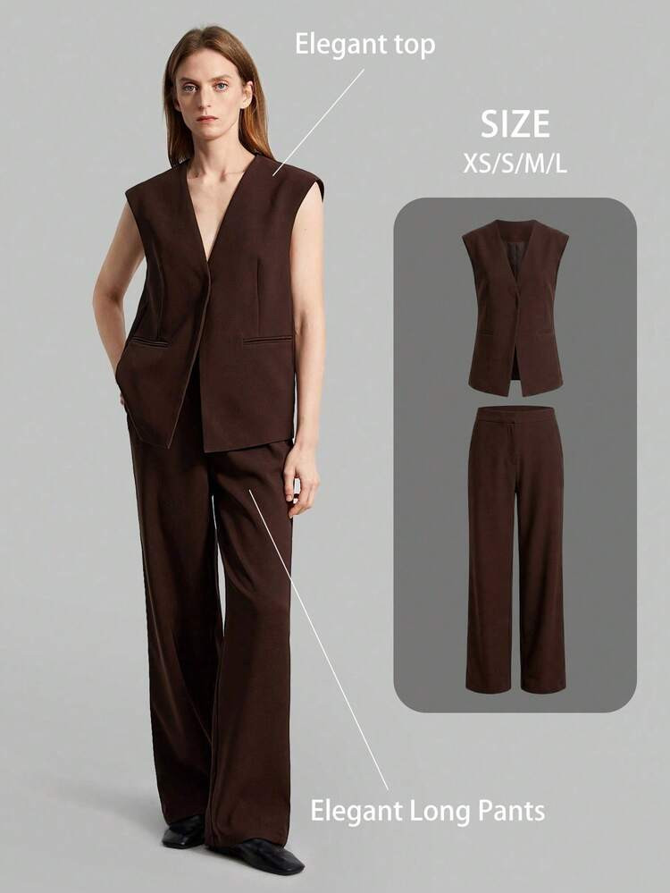 SHEIN X Scot Louie Ontre 2026 Spring/Summer Women's Solid Brown Retro Suit Set, Including Vest, Blazer, And Wide-Leg Pants. Chic Urban Business Classic Suit Set For Women, Suitable For Office, School, Wedding Guest, Holiday, Fashion Versatile Wear | SHEIN