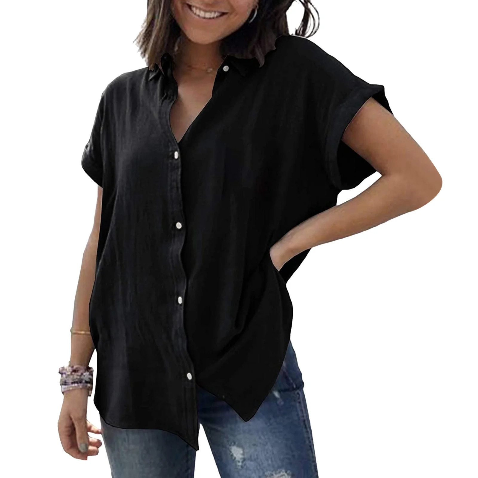 MRULIC shirts for women Ladies Summer Cotton Linen Stand Collar Short Sleeve Loose Button Down Bl... | Walmart (US)