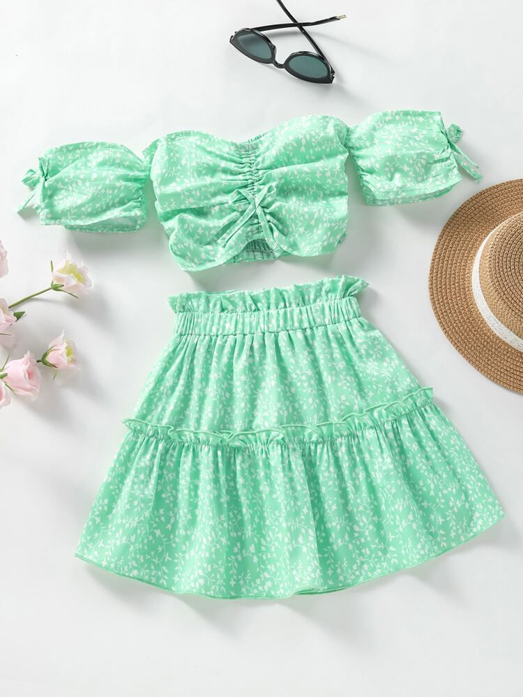 Toddler Girls Plant Print Off Shoulder Top & Paperbag Waist Frill Trim Skirt | SHEIN