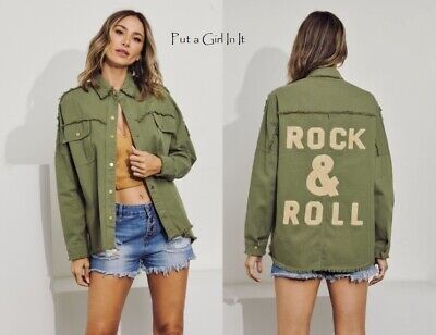 New Womens USA OLIVE ROCK & ROLL DISTRESSED UTILITY SHACKET JACKET SHIRT S M L | eBay US