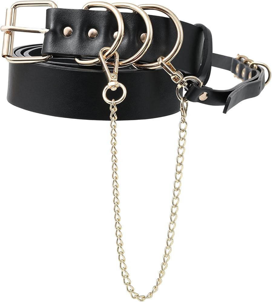 AWAYTR Women Leather Punk Waist Belt - Black PU Leather Adjustable Ladies Belts with Gold and Sil... | Amazon (US)