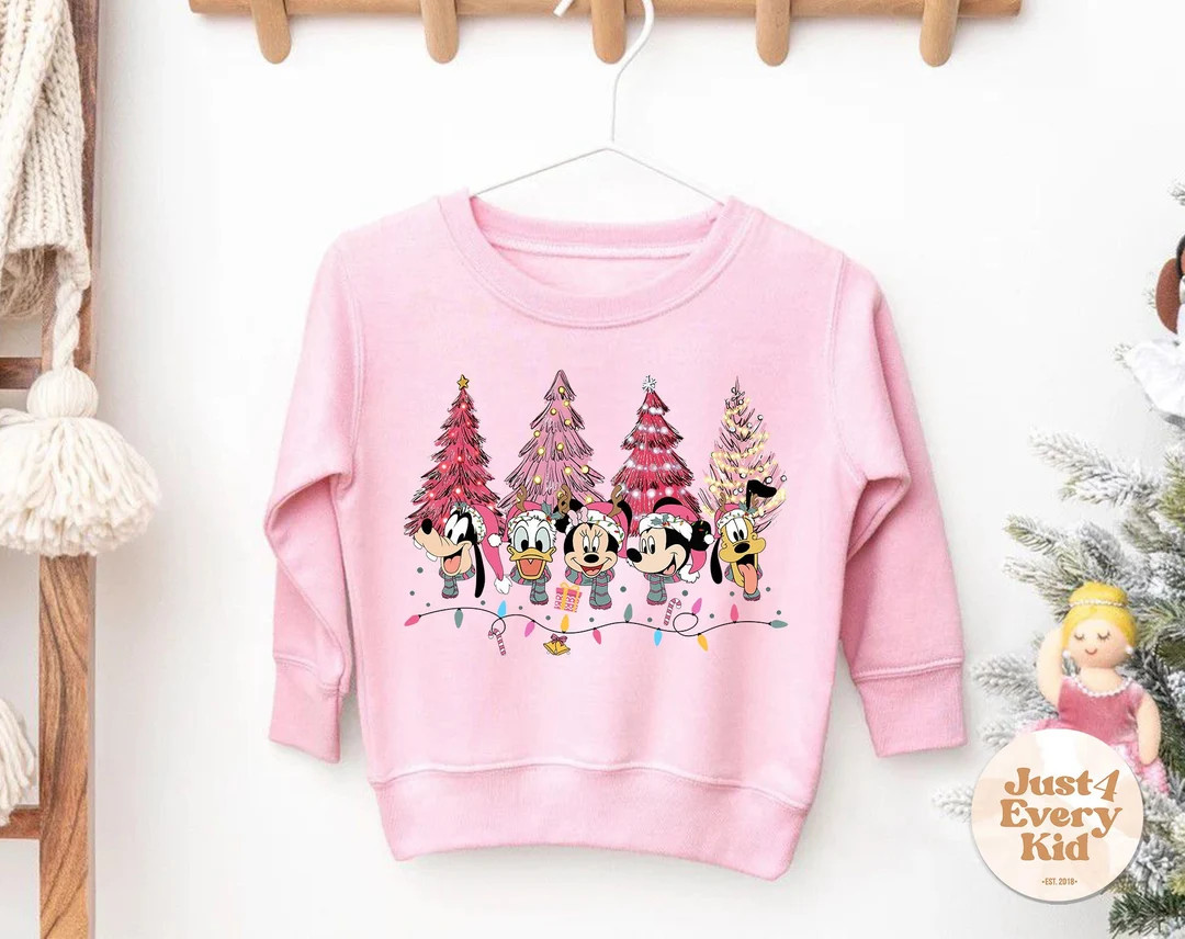 Pink Toddler Christmas Sweater, Kids Christmas Sweatshirt, Pink Tree Christmas Sweater, Mickey an... | Etsy (US)