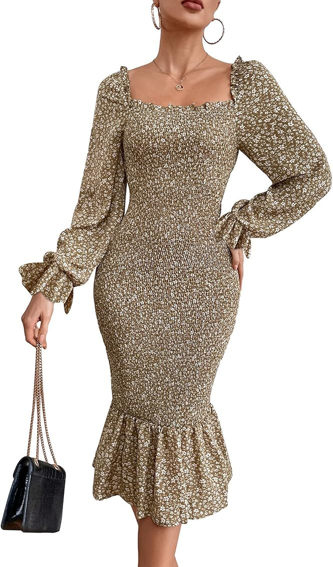 PRETTYGARDEN Women's Long Puff Sleeve Floral Midi Bodycon Dresses Square Neck Ruffle Mermaid Smocked | Amazon (US)