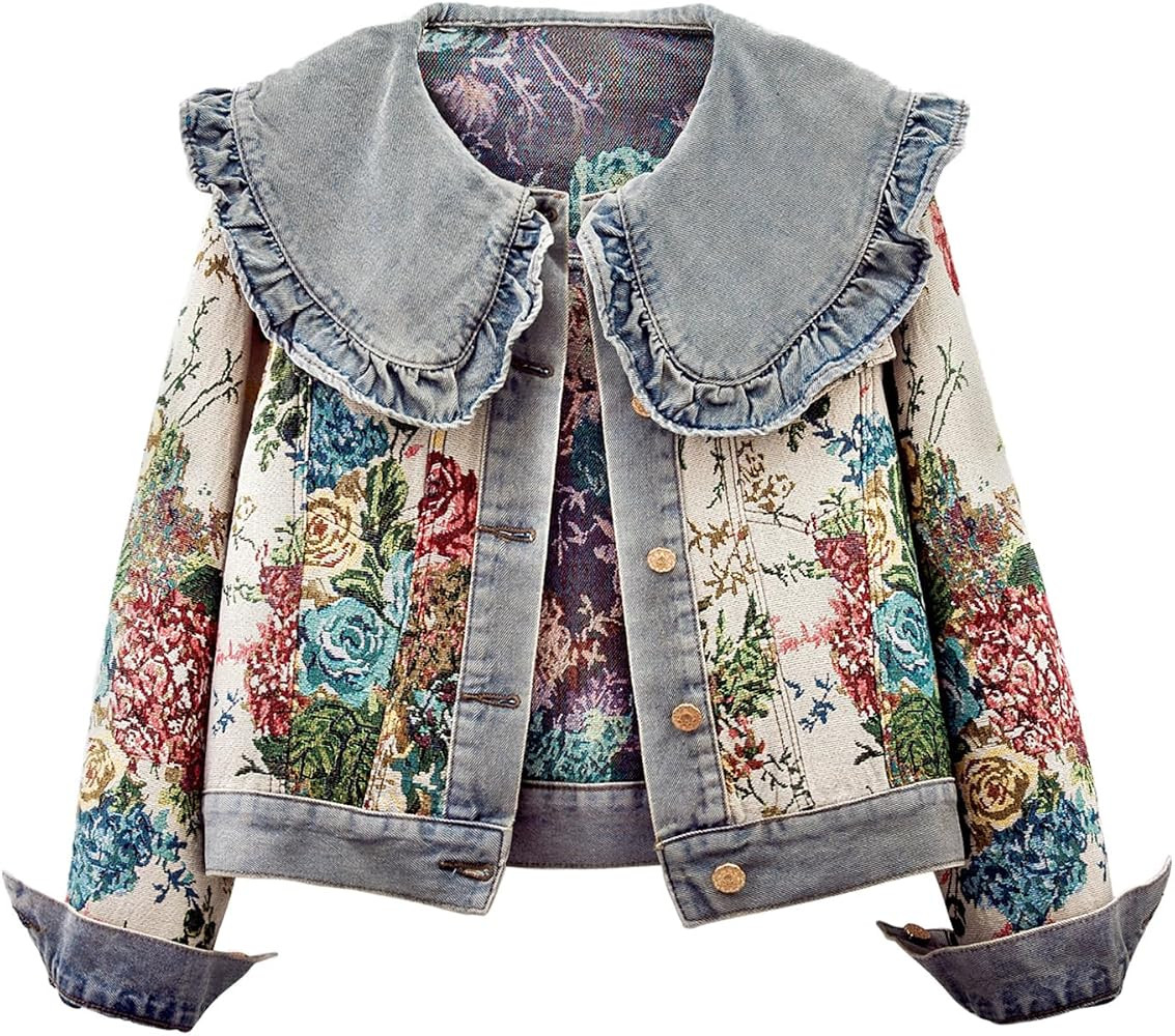 Women's Jacquard Denim Jacket Long Sleeve Peter Pan Collar Floral Crop Jean Jackets Button Down Denim Shacket | Amazon (US)