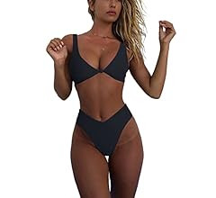 geluboao Bikini Set for Women Solid V Neck Knot Front Push Up High Leg Thong Two Piece Swimsuit | Amazon (US)