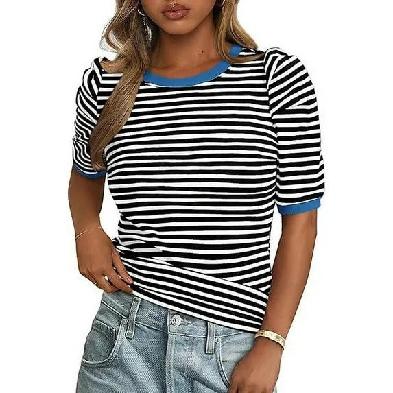 PRETTYGARDEN Women's Summer Puff Sleeve Tops Casual Ribbed Knit Crop Top Color Block Trendy Crewn... | Walmart (US)