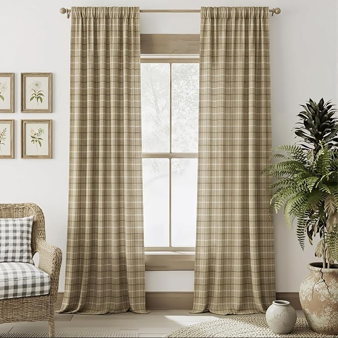 RYB HOME Farmhouse Linen Brown Plaid Curtains Light Filtering 84 inches Long, Grid Semi-Sheer Pri... | Amazon (US)
