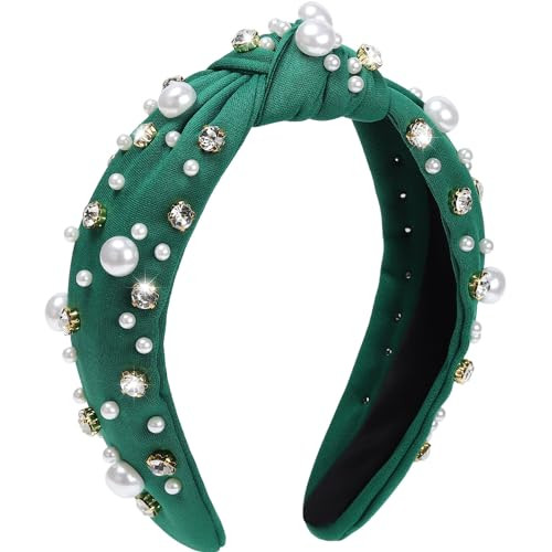 WantGor Pearl Knotted Headband, Women Rhinestone Embellished Hairband Elegant Wide Top Knot Bride Headbands Headpieces Party Fashion Elegant Ladies Hair Band Hair Hoop Accessories (Green) | Amazon (US)